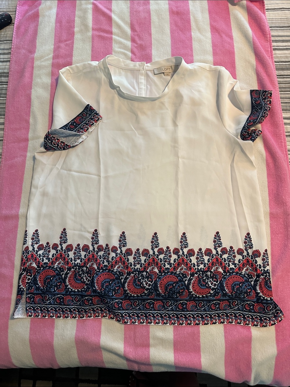 LOFT White Short-Sleeve Blouse with Navy & Coral Border Print